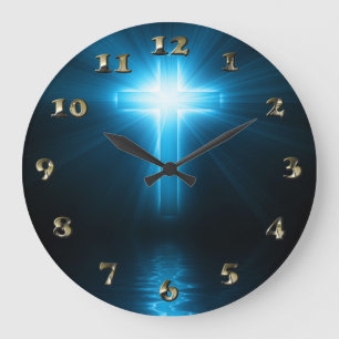 Grande Horloge Ronde Croix chrétienne en lumière bleue