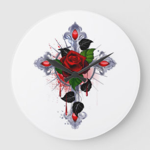 Grande Horloge Ronde Croix d'argent avec une rose rouge