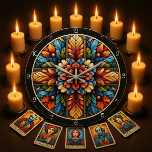 Grande Horloge Ronde Croix de verre teinté floral arc-en-ciel