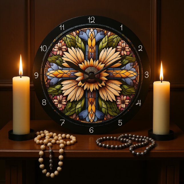 Grande Horloge Ronde Croix florale rayonnante (Créateur téléchargé)