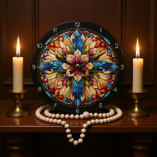 Grande Horloge Ronde Croix florale vibrante en verre tendu