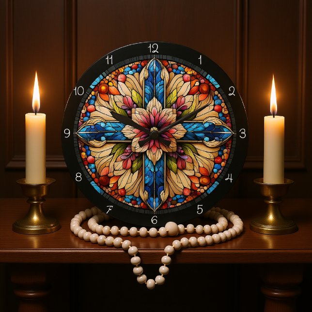 Grande Horloge Ronde Croix florale vibrante en verre tendu (Créateur téléchargé)