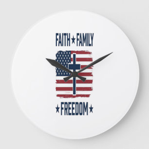 Grande Horloge Ronde Croix Patriotique Foi Famille Liberté Drapeau USA 