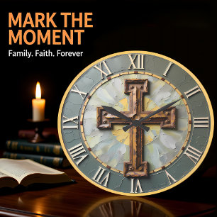 Grande Horloge Ronde Croix texturée Jésus rustique