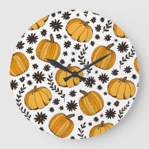 Grande Horloge Ronde Croquis citrouilles : motif sans couture dessiné à