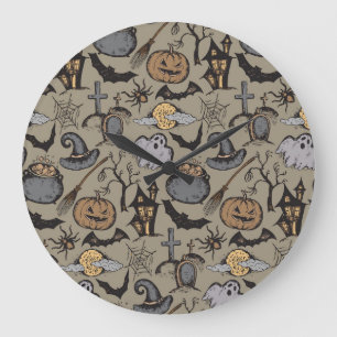 Grande Horloge Ronde Croquis d'Halloween : Vintage sans fil