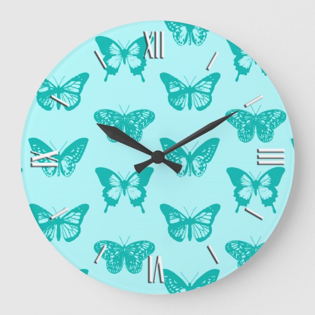 Grande Horloge Ronde Croquis papillon, aqua et turquoise (Recto)