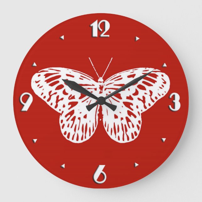 Grande Horloge Ronde Croquis papillon, rouge et blanc foncé (Recto)