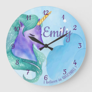 Grande Horloge Ronde Croyez en Unicorn mignon bleu vert pourpre licorn