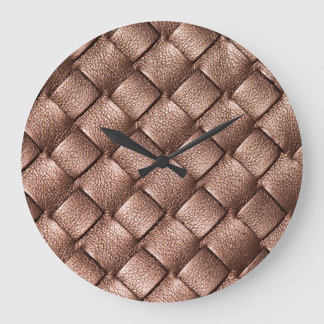 Grande Horloge Ronde Cuir tissé, arrière - plan couleur bronze. (Recto)