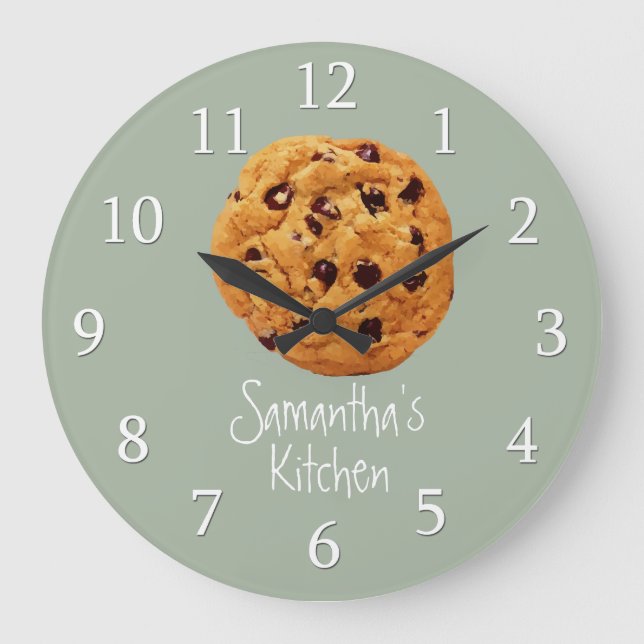 Grande Horloge Ronde Cuisine à Chip Vert Sage Et Blanc Chocolat (Recto)