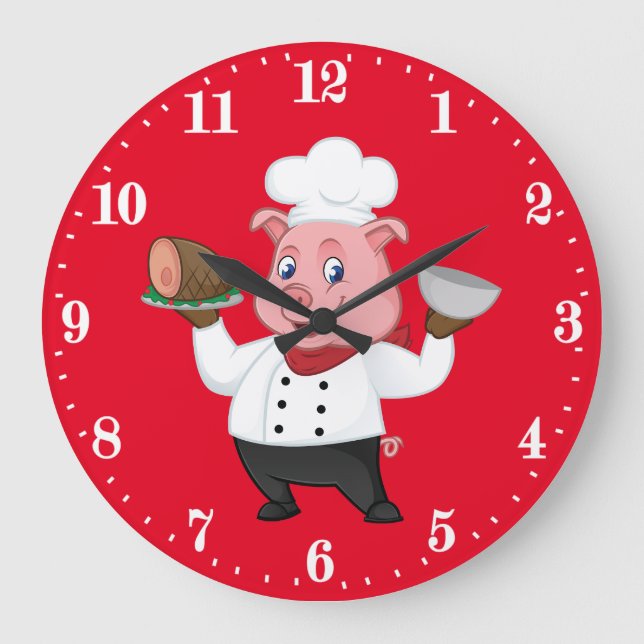 Grande Horloge Ronde Cuisine Chef cochon décor mur (Recto)