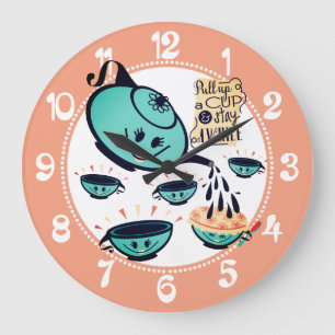 Grande Horloge Ronde Cuisine de douche avec tasse de thé rétro