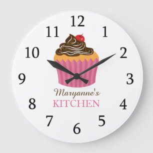 Grande Horloge Ronde Cuisine de gâteau rose cuite Nom personnalisé 