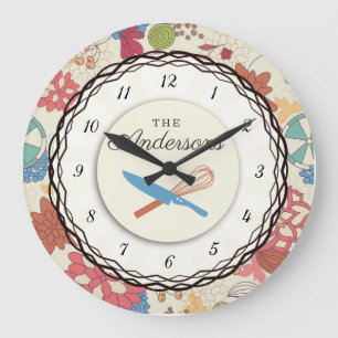 Grande Horloge Ronde Cuisine personnalisée avec des ustensiles de fleur