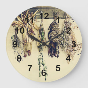 Grande Horloge Ronde cuisine rustique - herbes séchées