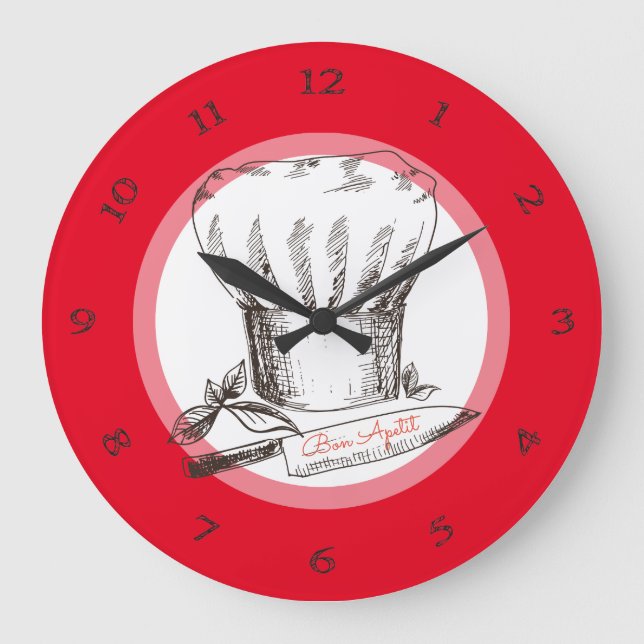 Grande Horloge Ronde Cuisinier de gribouillis à main couteau casquette  (Recto)