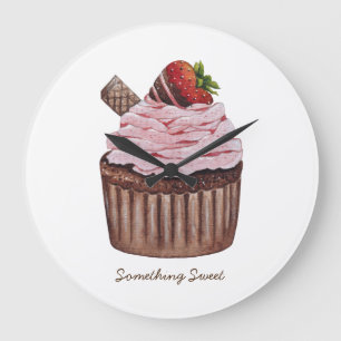 Grande Horloge Ronde Cupcake Aux Fraises Coupée En Aquarelle 