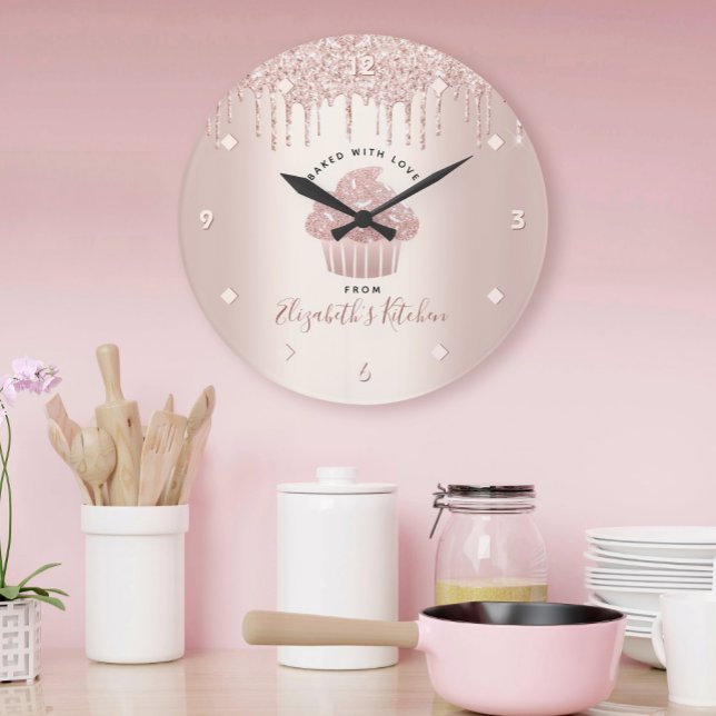 Grande Horloge Ronde Cupcake Boulangerie Pâtisserie Chef Rose Gold Part (Créateur téléchargé)