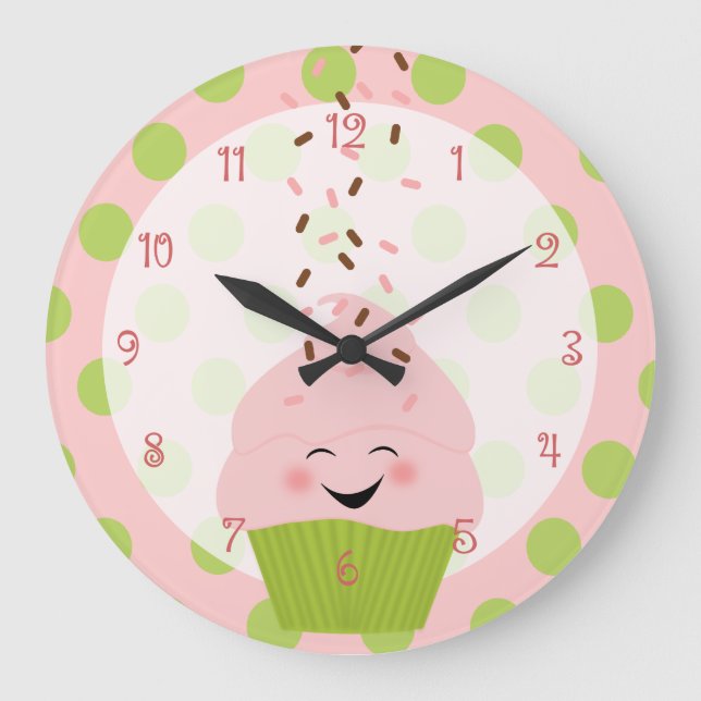 Grande Horloge Ronde Cupcake rose et vert (Recto)