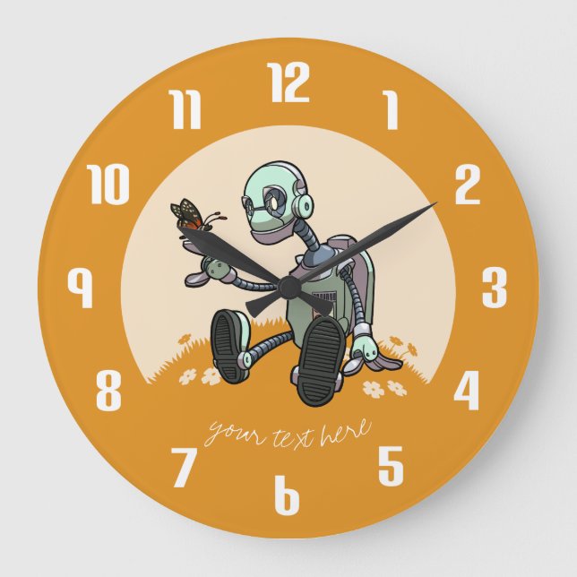 Grande Horloge Ronde Curious Robot Voit Son Premier Papillon Cartoon (Recto)