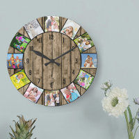 Custom 12 Photo Collage Rustic Natural Wood Round
