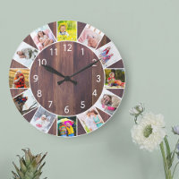 Custom 12 Photo Collage Warm Wood Round