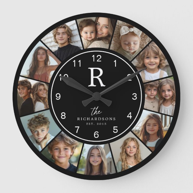 Grande Horloge Ronde Custom Family Monogram Name Year 12 Photo Collage (Recto)
