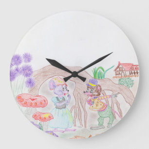Grande Horloge Ronde Custom Kids Artwork, deux mignonnes souris, fleurs