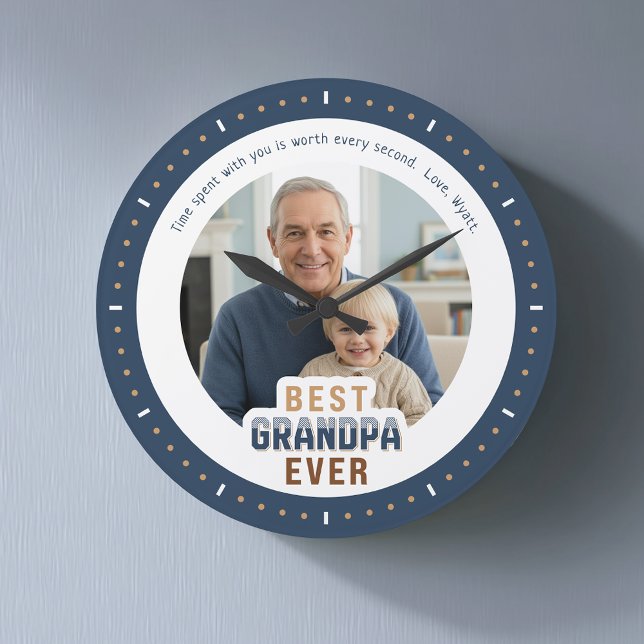 Grande Horloge Ronde Custom Photo Message Best Grandpa Ever Large Clock (Créateur téléchargé)