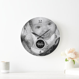 Grande Horloge Ronde Customisez votre photo noir blanc Monogramme