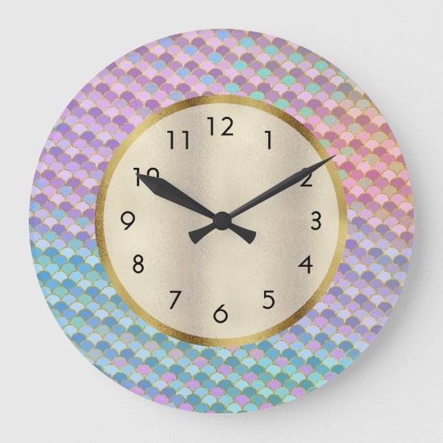 Grande Horloge Ronde Cute Aqua Purple Pink Blue Mermaid (Recto)