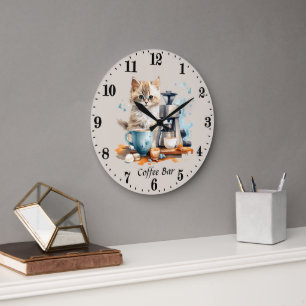 Grande Horloge Ronde Cute barre de café chat ajouter du texte