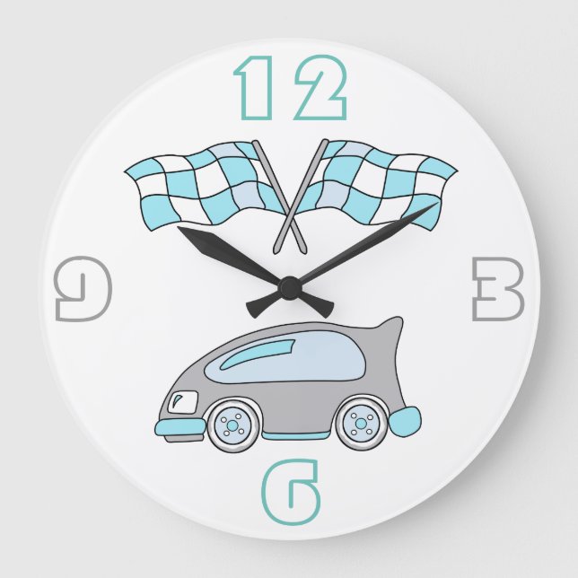 Grande Horloge Ronde Cute Blue Race Car and Race Flags Boy (Recto)
