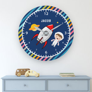 Grande Horloge Ronde Cute Boy Astronaute Outer Space Rocket Kids Room