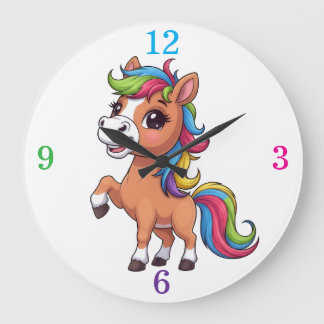 Grande Horloge Ronde Cute Brown Pony Rainbow Mane Kids Nursery Round Cl