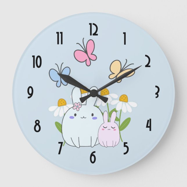 Grande Horloge Ronde Cute Bunnies avec marguerites de printemps et papi (Recto)