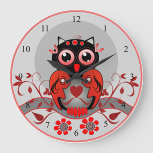 Grande Horloge Ronde Cute cartoon Owl clock in red, black and grey