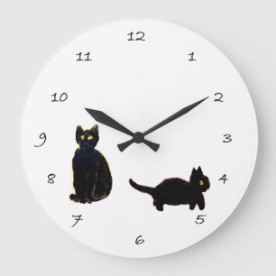 Grande Horloge Ronde Cute chat Kitty Noir