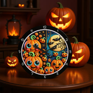 Grande Horloge Ronde Cute Citrouille Lune Bats Scène