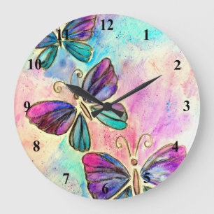 Grande Horloge Ronde Cute Colorful Butterflies -