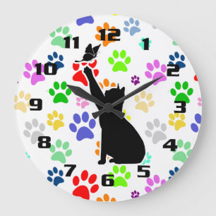 Grande Horloge Ronde Cute Colorful Pet Paw Cat chasing a butterfly