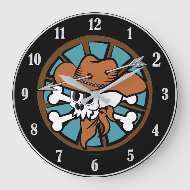 Grande Horloge Ronde Cute crâne de Cowboy et os croisés (Recto)