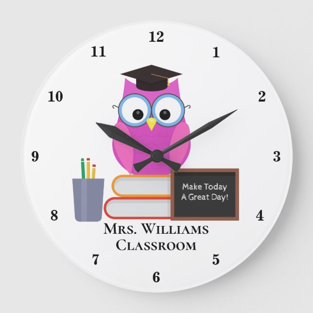 Grande Horloge Ronde Cute Custom Classroom Chouette rose Professeur Mon (Recto)