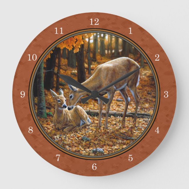 Grande Horloge Ronde Cute Deer Doe & Fawn Automne Rouge (Recto)