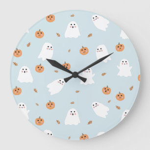 Grande Horloge Ronde Cute Fantôme et Citrouille Motif d'Halloween bleu