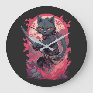 Grande Horloge Ronde Cute Fire Splash Noir Ninja Chat Guerrier
