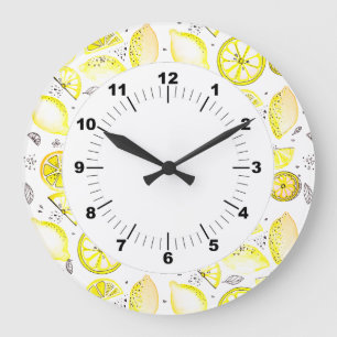 Grande Horloge Ronde Cute Fraîche Citrus Citron D'Été Doodle Jaune
