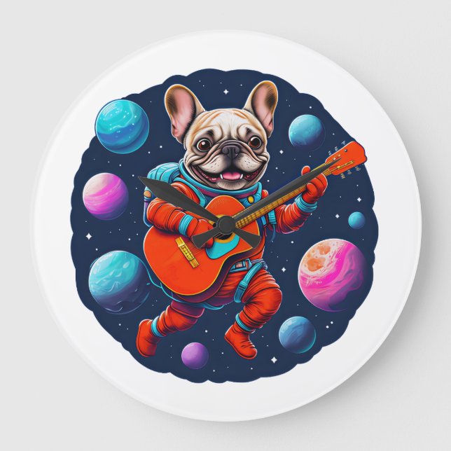 Grande Horloge Ronde Cute French Bulldog Astronaut Playing Guitar – Fun (Recto)