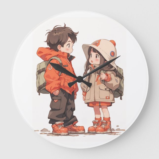 Grande Horloge Ronde Cute Garçon et fille Montre murale (Recto)